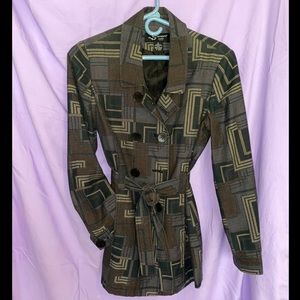 Sharango Studio Abstract Geometric Cinch Belted Mini-Trench Jacket 
| Size M